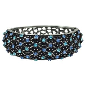 Blue Tones Dot Rhinestone Silver Statement Hinged Bangle Bracelet